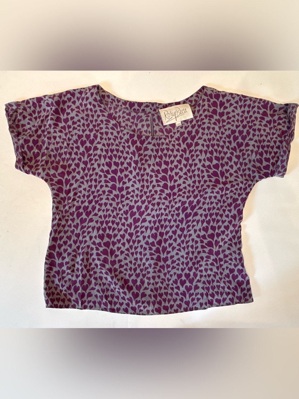Rory Beca 100% silk purple blouse all-over heart print zipper on the back Sz M